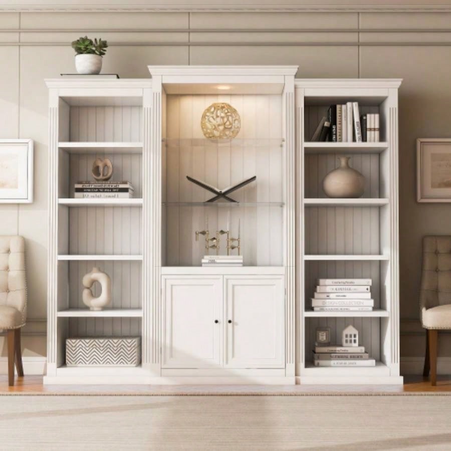 78.75 Tall 3 - Pieces Bookcase Display Cabinet with 5 Colors Adjustable LED Ceiling Light, Retro style Bookshelves with tempered glass shelves Living Room, Office, Studio or Workspace, White