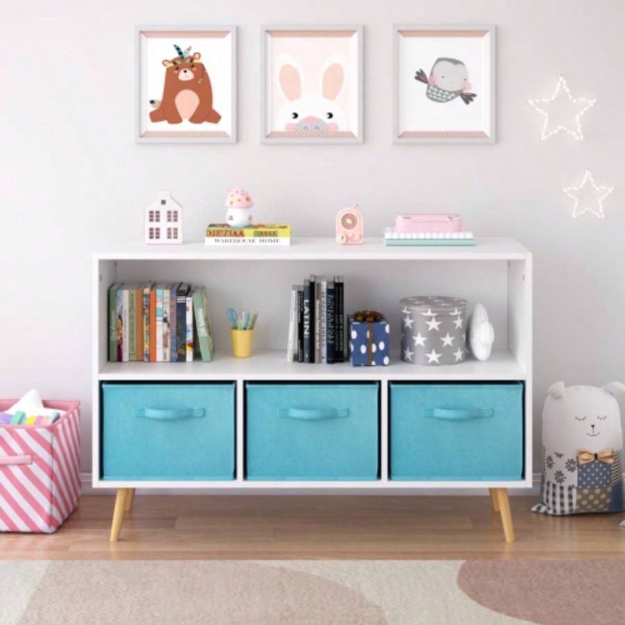 Kids bookcase with Collapsible Fabric Drawers, Childrens Book Display, Toy Storage Cabinet Organizer, White/Blue