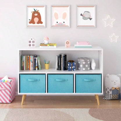Kids bookcase with Collapsible Fabric Drawers, Childrens Book Display, Toy Storage Cabinet Organizer, White/Blue
