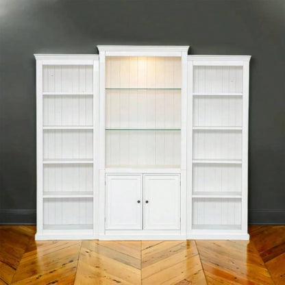 78.75 Tall 3 - Pieces Bookcase Display Cabinet with 5 Colors Adjustable LED Ceiling Light, Retro style Bookshelves with tempered glass shelves Living Room, Office, Studio or Workspace, White