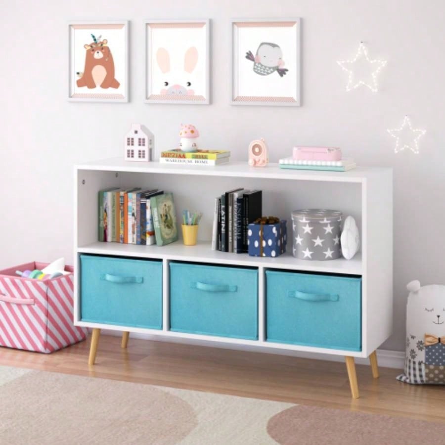 Kids bookcase with Collapsible Fabric Drawers, Childrens Book Display, Toy Storage Cabinet Organizer, White/Blue