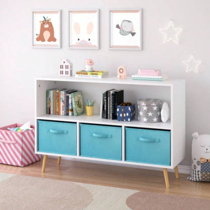 Kids bookcase with Collapsible Fabric Drawers, Childrens Book Display, Toy Storage Cabinet Organizer, White/Blue