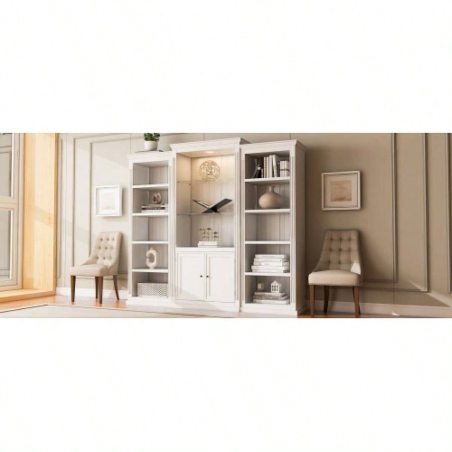 78.75 Tall 3 - Pieces Bookcase Display Cabinet with 5 Colors Adjustable LED Ceiling Light, Retro style Bookshelves with tempered glass shelves Living Room, Office, Studio or Workspace, White