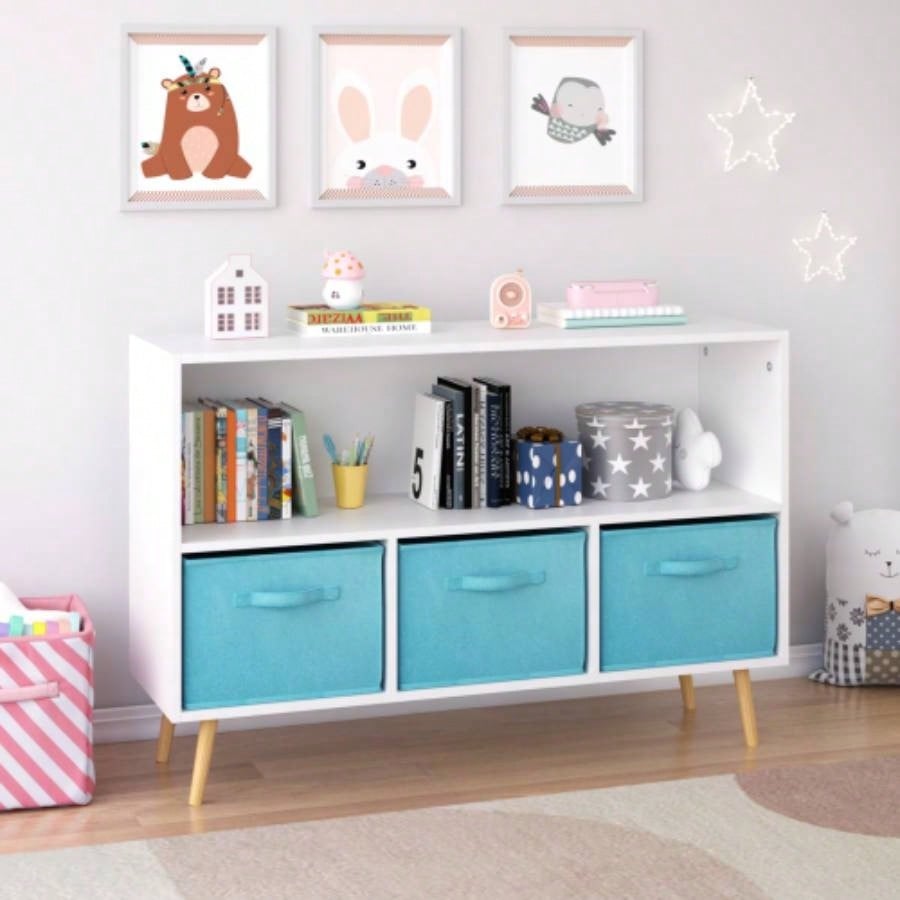 Kids bookcase with Collapsible Fabric Drawers, Childrens Book Display, Toy Storage Cabinet Organizer, White/Blue