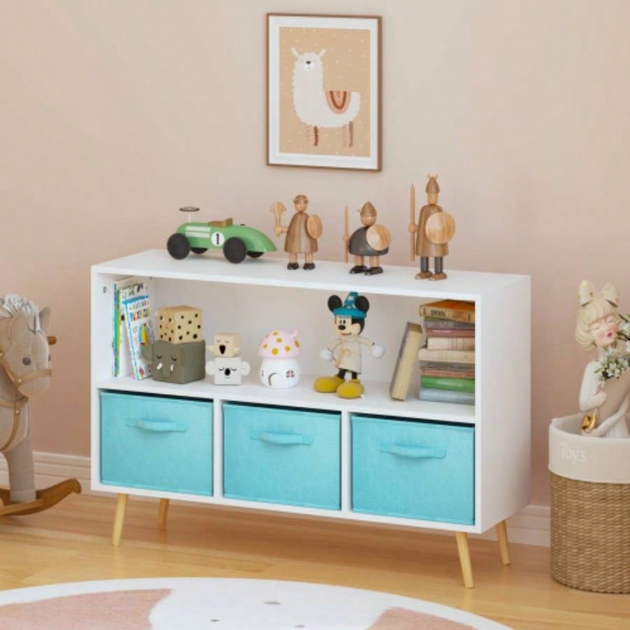Kids bookcase with Collapsible Fabric Drawers, Childrens Book Display, Toy Storage Cabinet Organizer, White/Blue