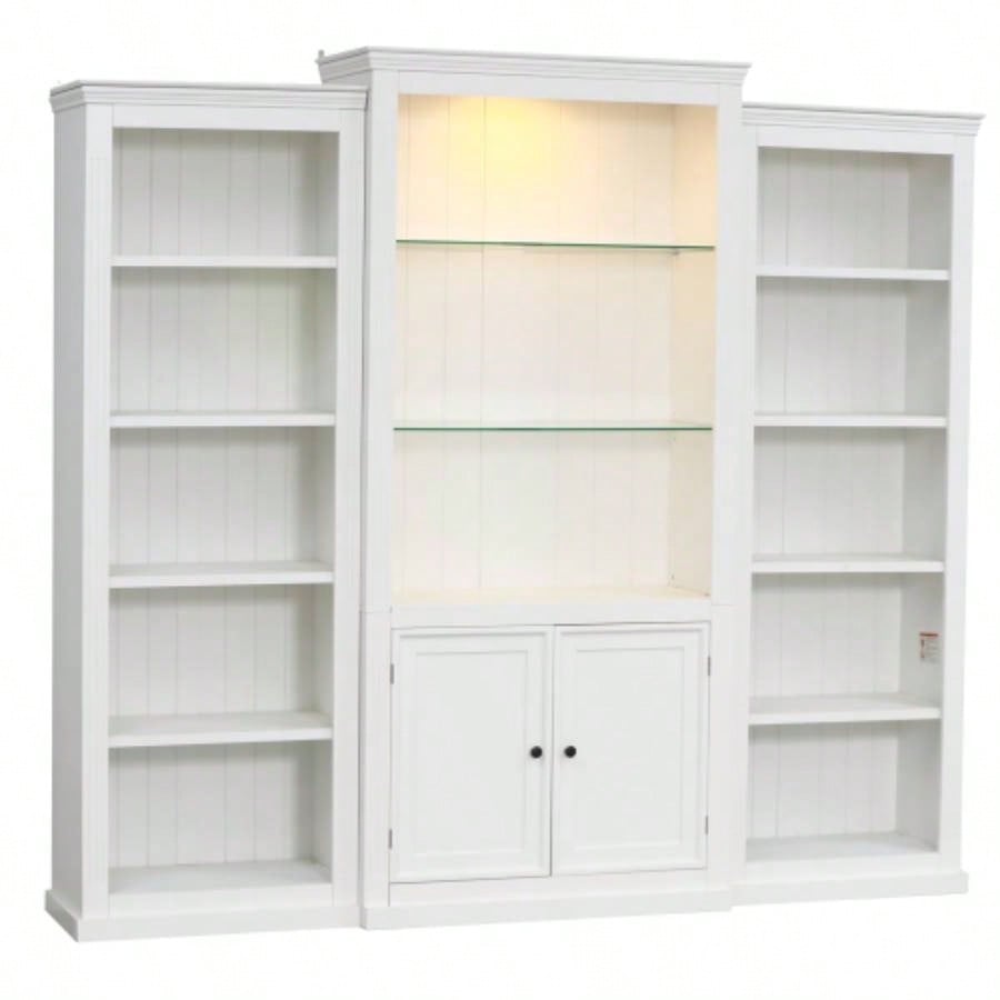 78.75 Tall 3 - Pieces Bookcase Display Cabinet with 5 Colors Adjustable LED Ceiling Light, Retro style Bookshelves with tempered glass shelves Living Room, Office, Studio or Workspace, White