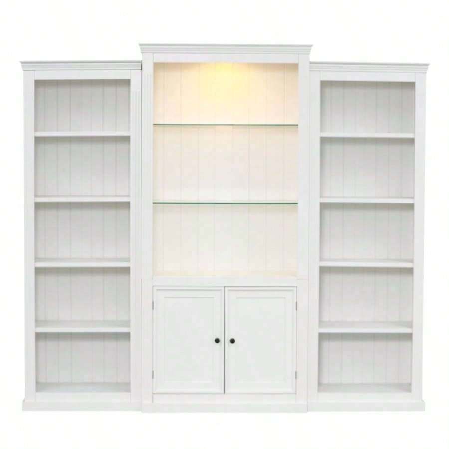 78.75 Tall 3 - Pieces Bookcase Display Cabinet with 5 Colors Adjustable LED Ceiling Light, Retro style Bookshelves with tempered glass shelves Living Room, Office, Studio or Workspace, White