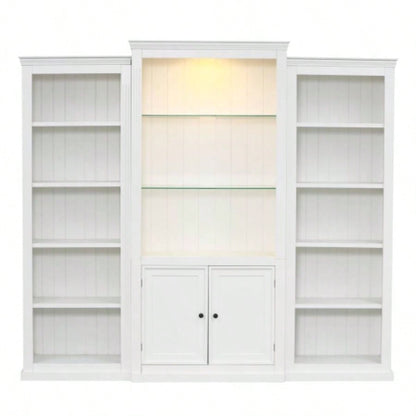 78.75 Tall 3 - Pieces Bookcase Display Cabinet with 5 Colors Adjustable LED Ceiling Light, Retro style Bookshelves with tempered glass shelves Living Room, Office, Studio or Workspace, White