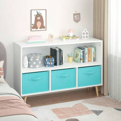 Kids bookcase with Collapsible Fabric Drawers, Childrens Book Display, Toy Storage Cabinet Organizer, White/Blue