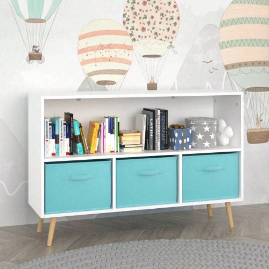 Kids bookcase with Collapsible Fabric Drawers, Childrens Book Display, Toy Storage Cabinet Organizer, White/Blue