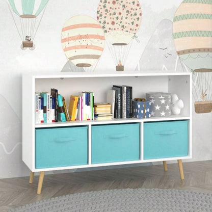Kids bookcase with Collapsible Fabric Drawers, Childrens Book Display, Toy Storage Cabinet Organizer, White/Blue