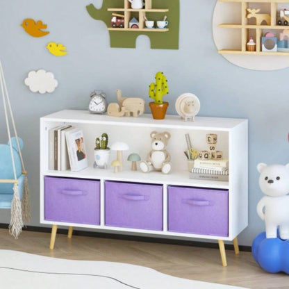 Kids bookcase with Collapsible Fabric Drawers, Childrens Book Display, Toy Storage Cabinet Organizer, White/Purple