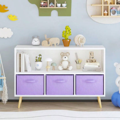 Kids bookcase with Collapsible Fabric Drawers, Childrens Book Display, Toy Storage Cabinet Organizer, White/Purple