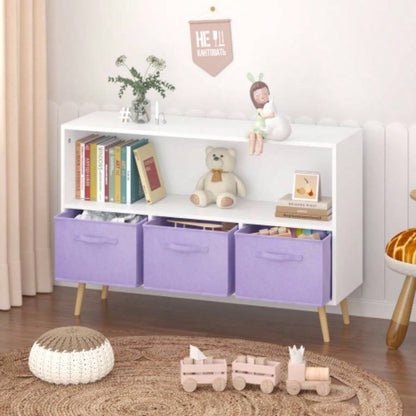 Kids bookcase with Collapsible Fabric Drawers, Childrens Book Display, Toy Storage Cabinet Organizer, White/Purple