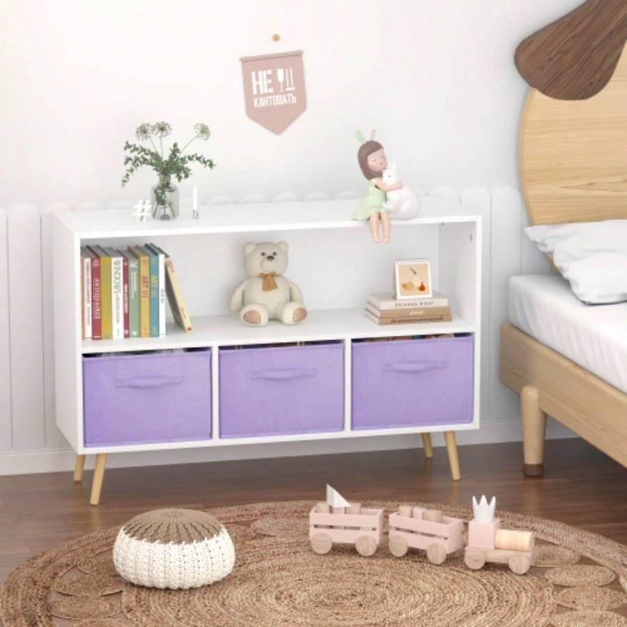 Kids bookcase with Collapsible Fabric Drawers, Childrens Book Display, Toy Storage Cabinet Organizer, White/Purple
