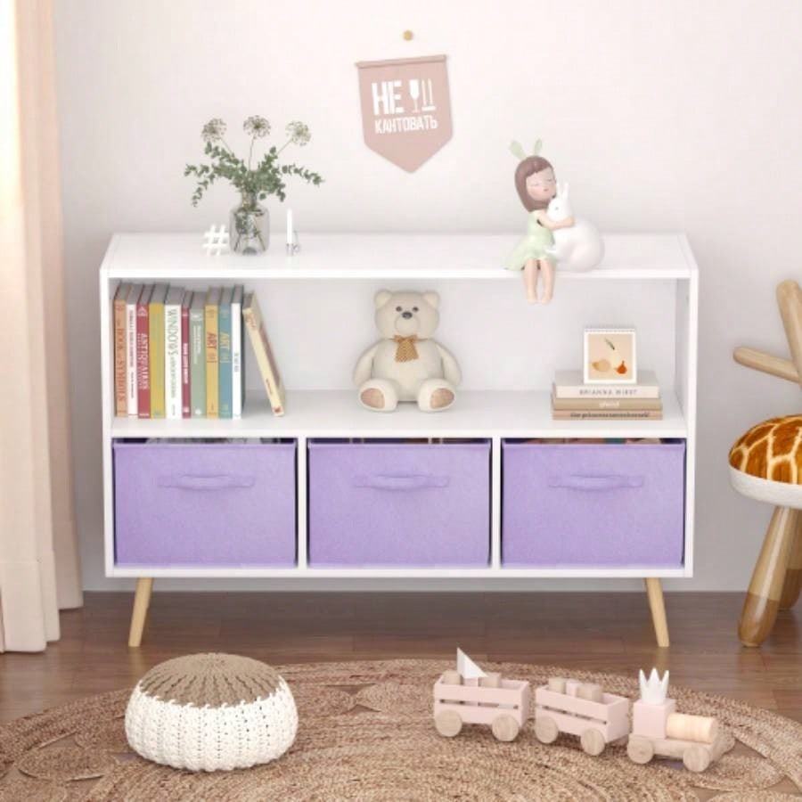 Kids bookcase with Collapsible Fabric Drawers, Childrens Book Display, Toy Storage Cabinet Organizer, White/Purple