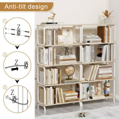 5 Tier Large Book Shelf, Bookcase Home Office Open Bookshelf, Shelves Living Room, Office Shelf, Vintage Industrial Style Bookshelf with White Metal Frame, White
