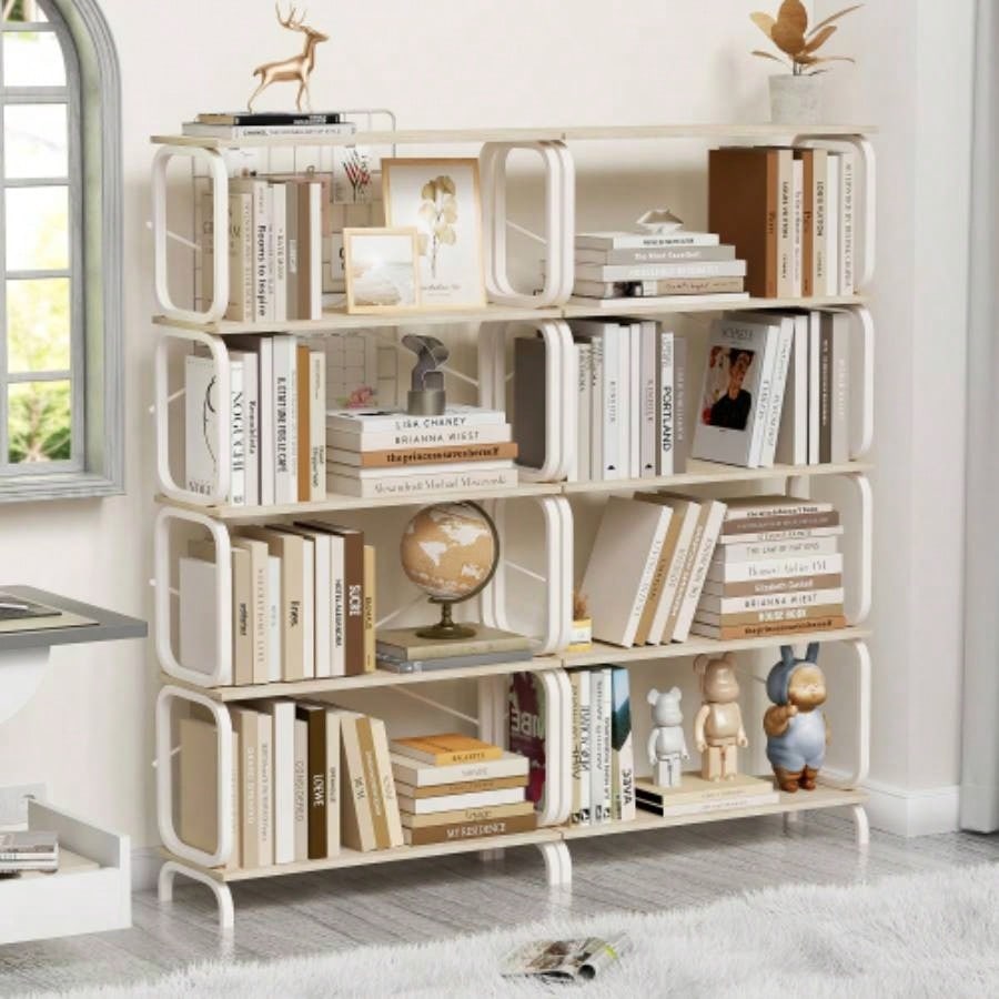 5 Tier Large Book Shelf, Bookcase Home Office Open Bookshelf, Shelves Living Room, Office Shelf, Vintage Industrial Style Bookshelf with White Metal Frame, White