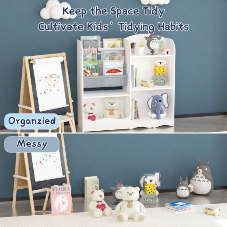 Kids Bookshelf and Toy Organizer, 3 Tier Bookshelf Kids, Fabric Toddler Bookcase Book Shelf Kids Rooms, Bedroom, Playroom, Nursery, Toy Storage Organizer with Bookshelf