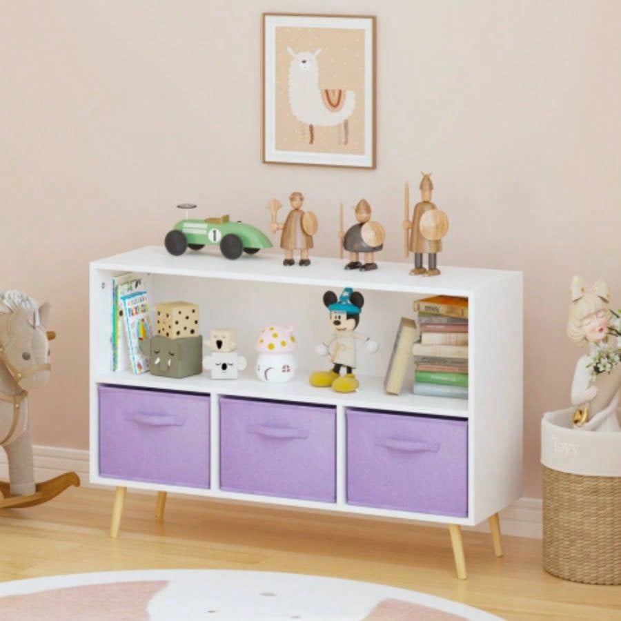 Kids bookcase with Collapsible Fabric Drawers, Childrens Book Display, Toy Storage Cabinet Organizer, White/Purple