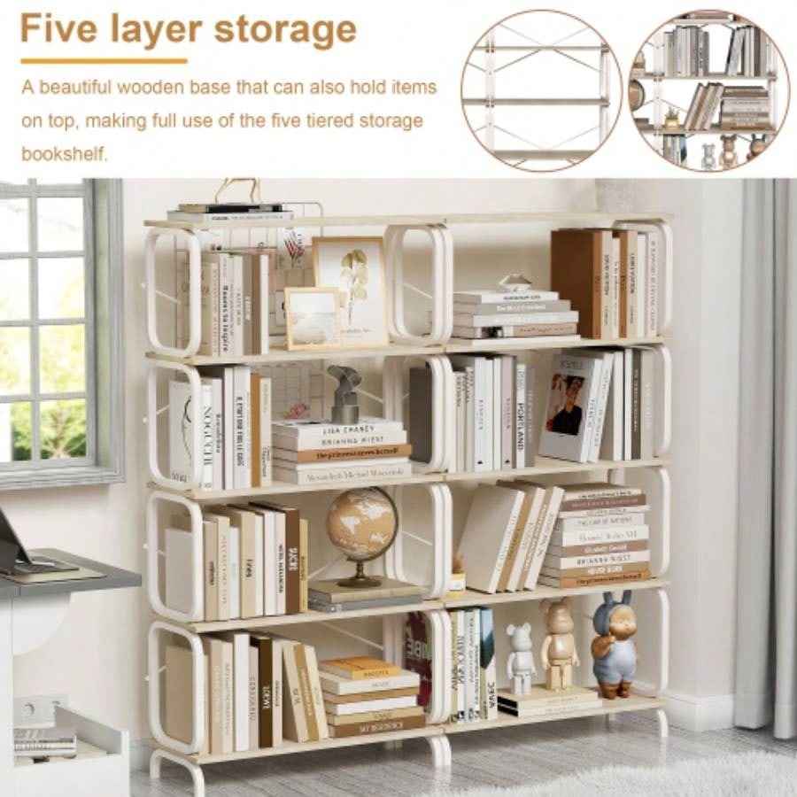5 Tier Large Book Shelf, Bookcase Home Office Open Bookshelf, Shelves Living Room, Office Shelf, Vintage Industrial Style Bookshelf with White Metal Frame, White