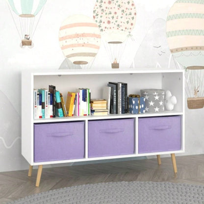 Kids bookcase with Collapsible Fabric Drawers, Childrens Book Display, Toy Storage Cabinet Organizer, White/Purple