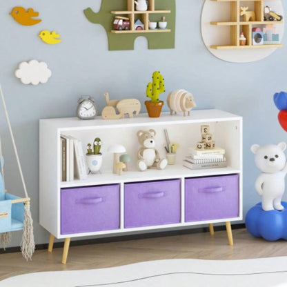 Kids bookcase with Collapsible Fabric Drawers, Childrens Book Display, Toy Storage Cabinet Organizer, White/Purple