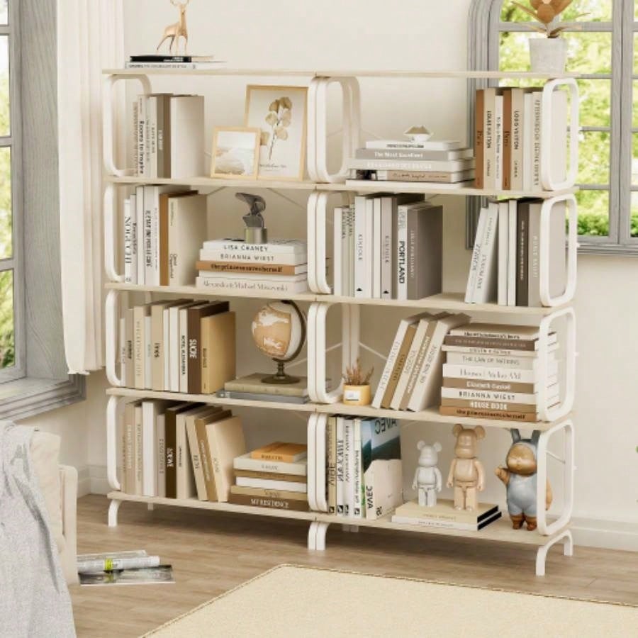 5 Tier Large Book Shelf, Bookcase Home Office Open Bookshelf, Shelves Living Room, Office Shelf, Vintage Industrial Style Bookshelf with White Metal Frame, White
