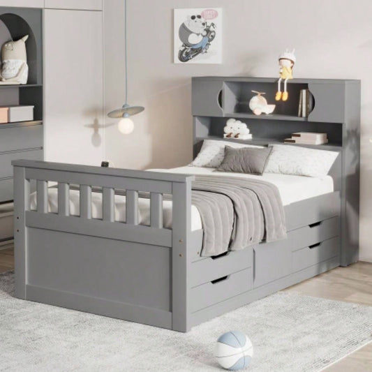 Twin Size Captain Platform Bed Frame with Storage Bookcases and Shelves, Four Drawers, Gray