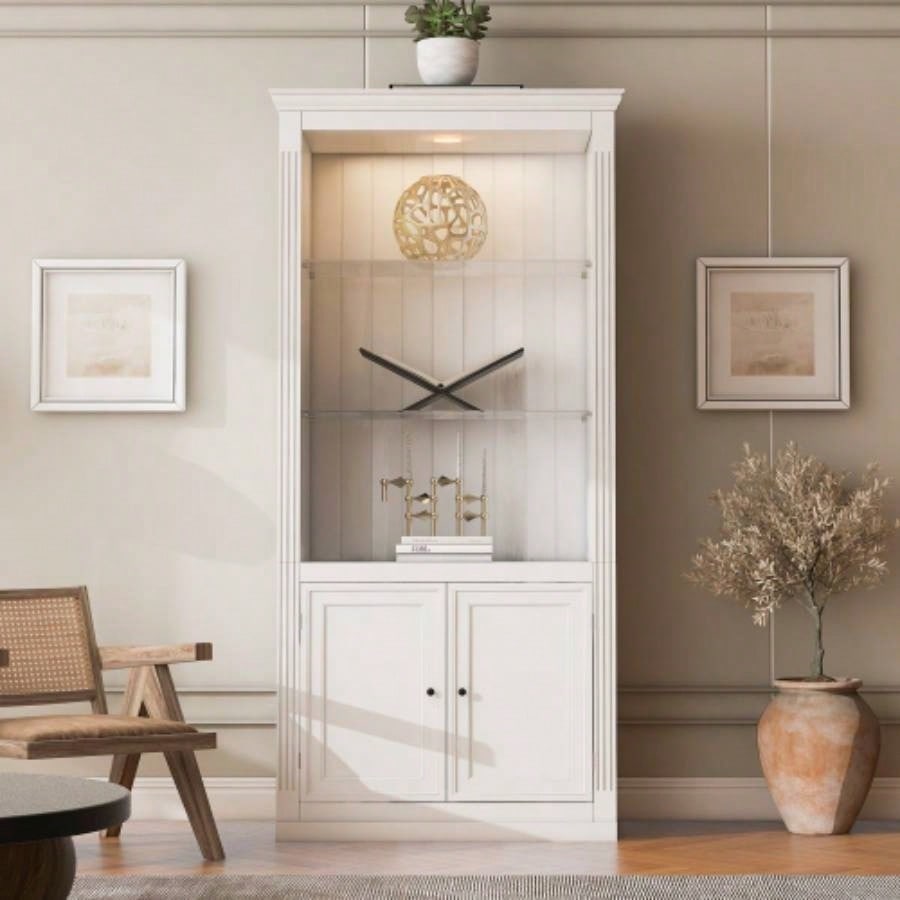 78.75H 4 - Tier Display Shelf with 5 - Colors Dimmable Ceiling Light, Freestanding Farmhouse Bookcases with Storage Doors, Bookshelf with Adjustable Glass Shelves Home Office - White
