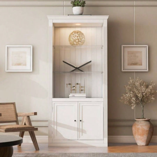 78.75H 4 - Tier Display Shelf with 5 - Colors Dimmable Ceiling Light, Freestanding Farmhouse Bookcases with Storage Doors, Bookshelf with Adjustable Glass Shelves Home Office - White