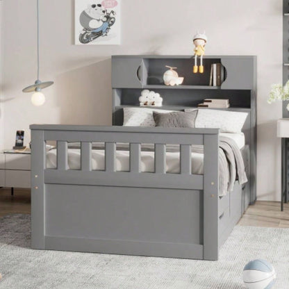 Twin Size Captain Platform Bed Frame with Storage Bookcases and Shelves, Four Drawers, Gray