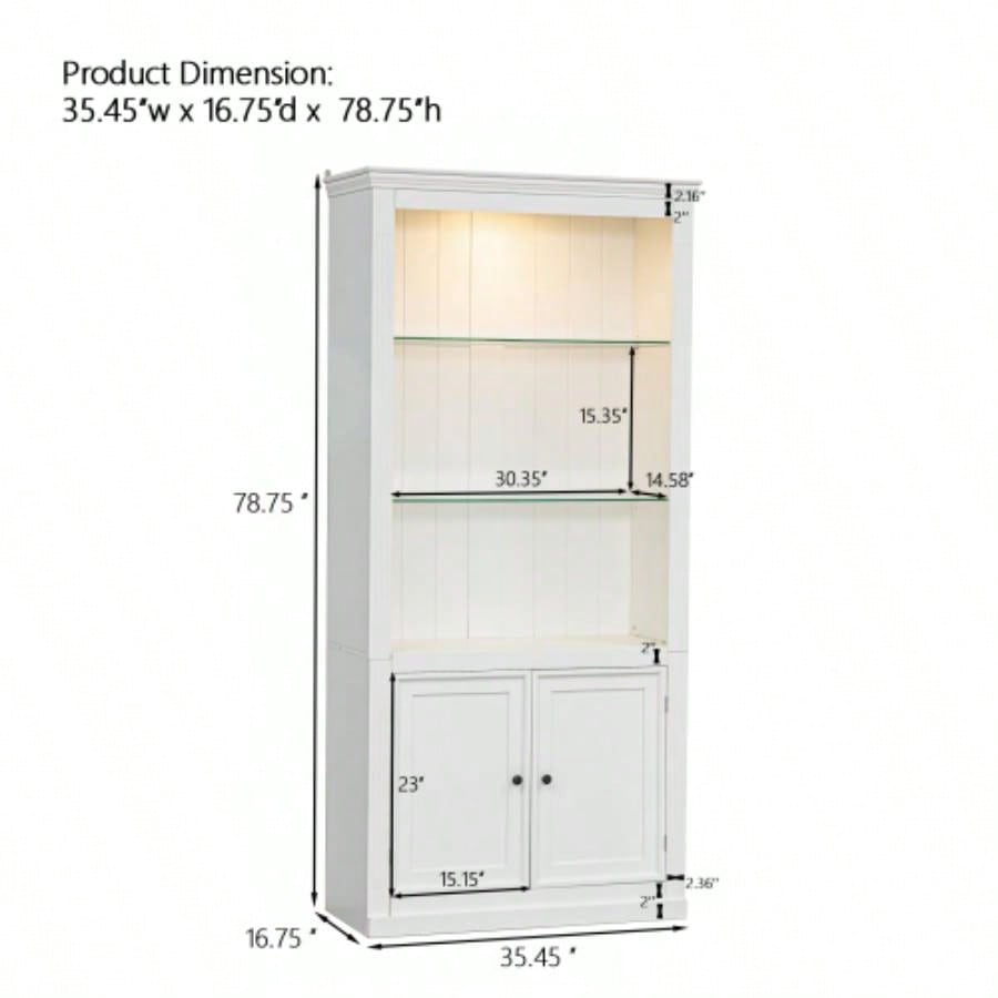 78.75H 4 - Tier Display Shelf with 5 - Colors Dimmable Ceiling Light, Freestanding Farmhouse Bookcases with Storage Doors, Bookshelf with Adjustable Glass Shelves Home Office - White