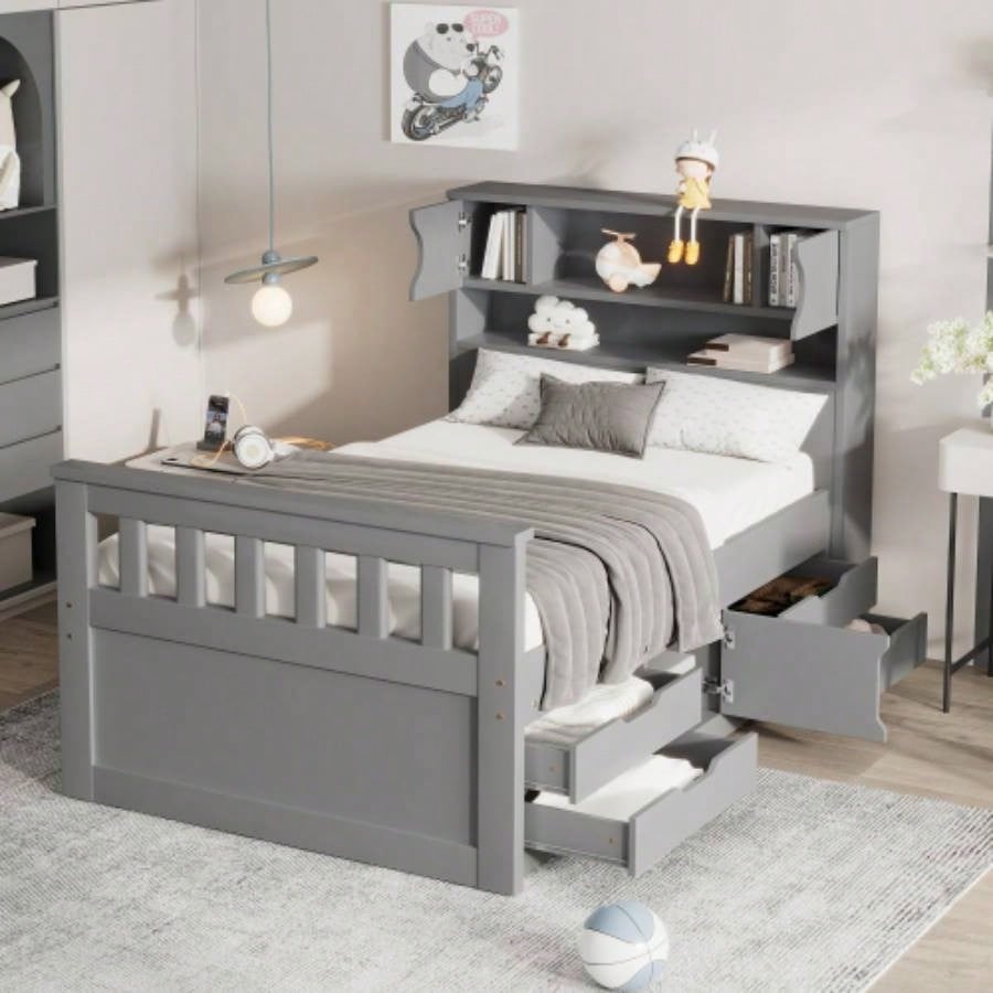 Twin Size Captain Platform Bed Frame with Storage Bookcases and Shelves, Four Drawers, Gray
