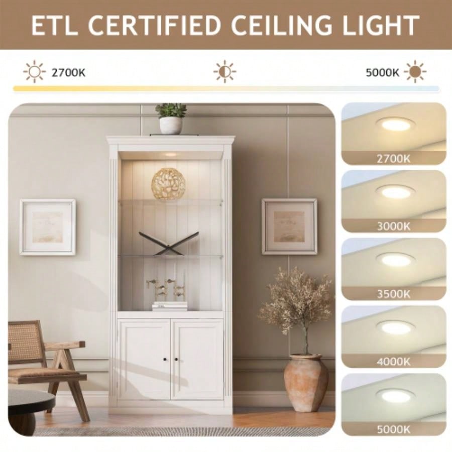 78.75H 4 - Tier Display Shelf with 5 - Colors Dimmable Ceiling Light, Freestanding Farmhouse Bookcases with Storage Doors, Bookshelf with Adjustable Glass Shelves Home Office - White