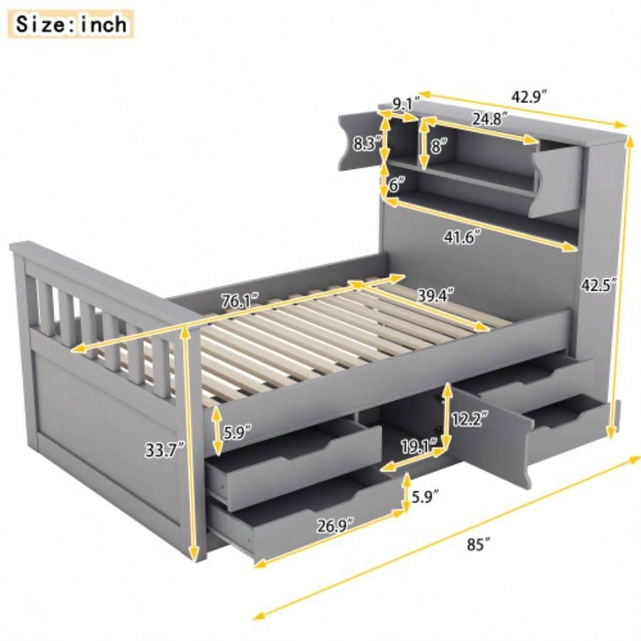 Twin Size Captain Platform Bed Frame with Storage Bookcases and Shelves, Four Drawers, Gray