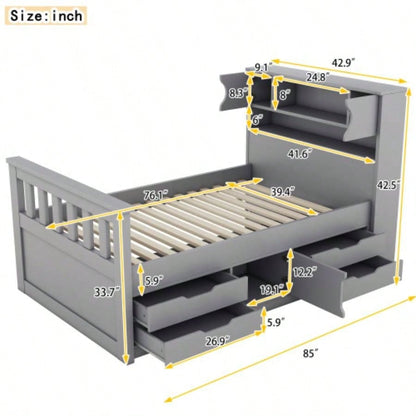 Twin Size Captain Platform Bed Frame with Storage Bookcases and Shelves, Four Drawers, Gray