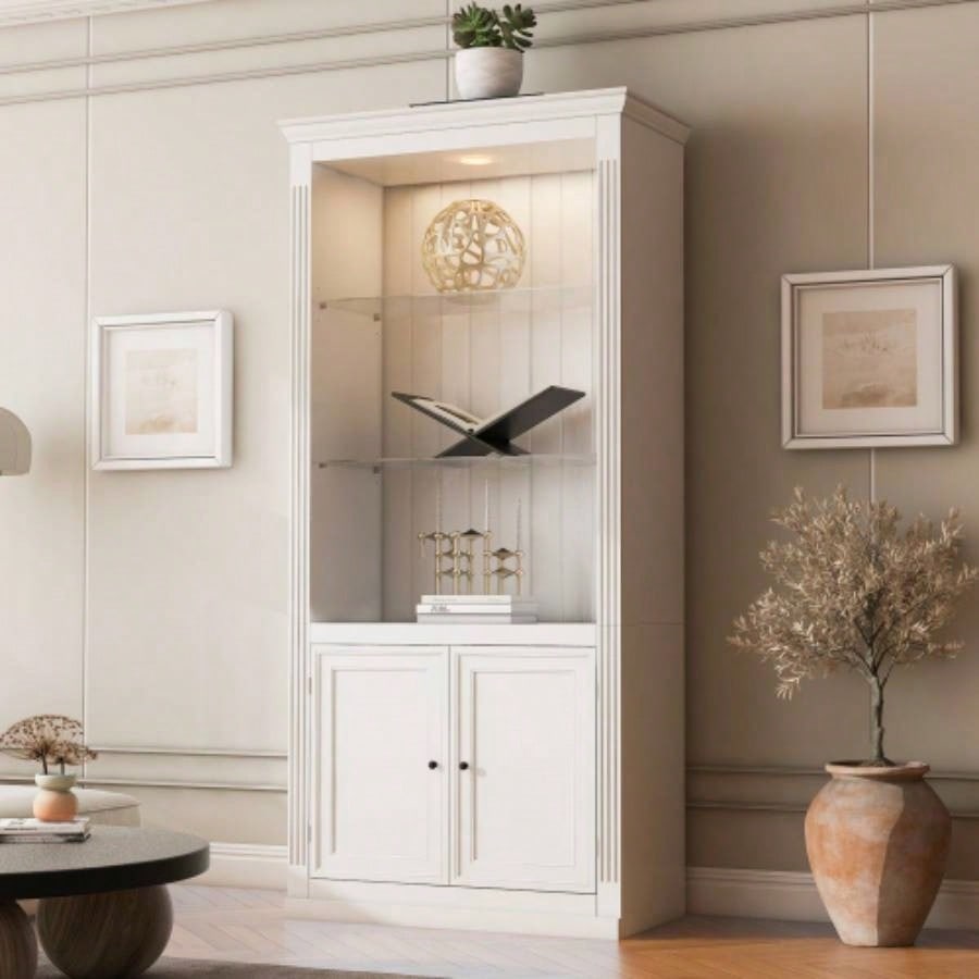 78.75H 4 - Tier Display Shelf with 5 - Colors Dimmable Ceiling Light, Freestanding Farmhouse Bookcases with Storage Doors, Bookshelf with Adjustable Glass Shelves Home Office - White