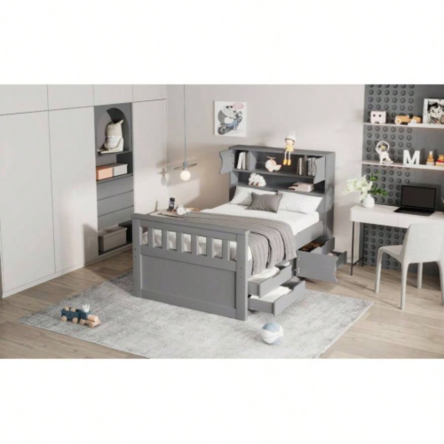 Twin Size Captain Platform Bed Frame with Storage Bookcases and Shelves, Four Drawers, Gray