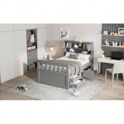 Twin Size Captain Platform Bed Frame with Storage Bookcases and Shelves, Four Drawers, Gray