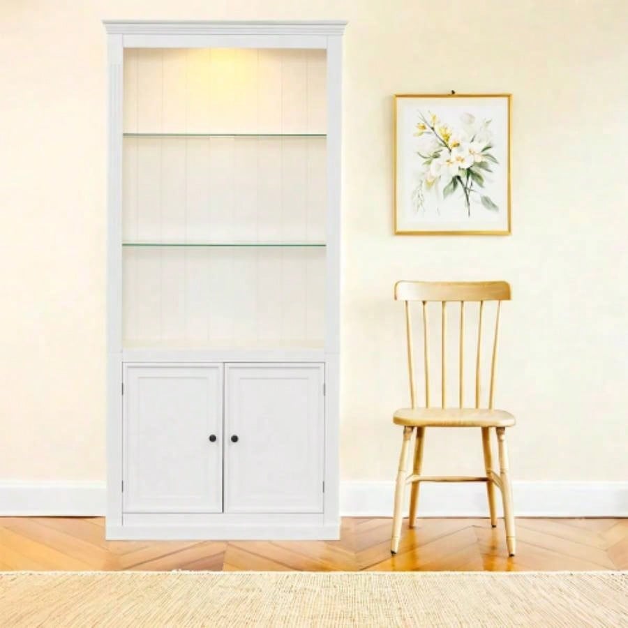 78.75H 4 - Tier Display Shelf with 5 - Colors Dimmable Ceiling Light, Freestanding Farmhouse Bookcases with Storage Doors, Bookshelf with Adjustable Glass Shelves Home Office - White