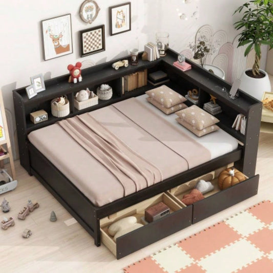 Full Size L - shaped Bookcases Bed with Power Outlets, USB Charging Ports, Two Drawers, Espresso