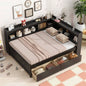 Full Size L - shaped Bookcases Bed with Power Outlets, USB Charging Ports, Two Drawers, Espresso