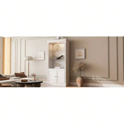 78.75H 4 - Tier Display Shelf with 5 - Colors Dimmable Ceiling Light, Freestanding Farmhouse Bookcases with Storage Doors, Bookshelf with Adjustable Glass Shelves Home Office - White