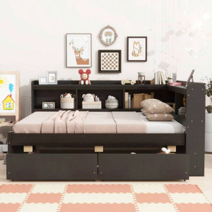 Full Size L - shaped Bookcases Bed with Power Outlets, USB Charging Ports, Two Drawers, Espresso