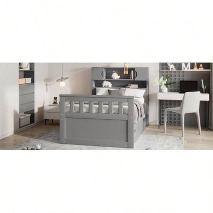Twin Size Captain Platform Bed Frame with Storage Bookcases and Shelves, Four Drawers, Gray