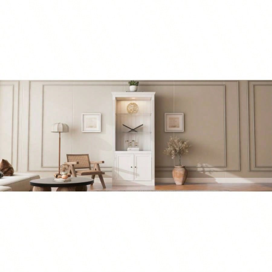 78.75H 4 - Tier Display Shelf with 5 - Colors Dimmable Ceiling Light, Freestanding Farmhouse Bookcases with Storage Doors, Bookshelf with Adjustable Glass Shelves Home Office - White