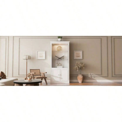 78.75H 4 - Tier Display Shelf with 5 - Colors Dimmable Ceiling Light, Freestanding Farmhouse Bookcases with Storage Doors, Bookshelf with Adjustable Glass Shelves Home Office - White