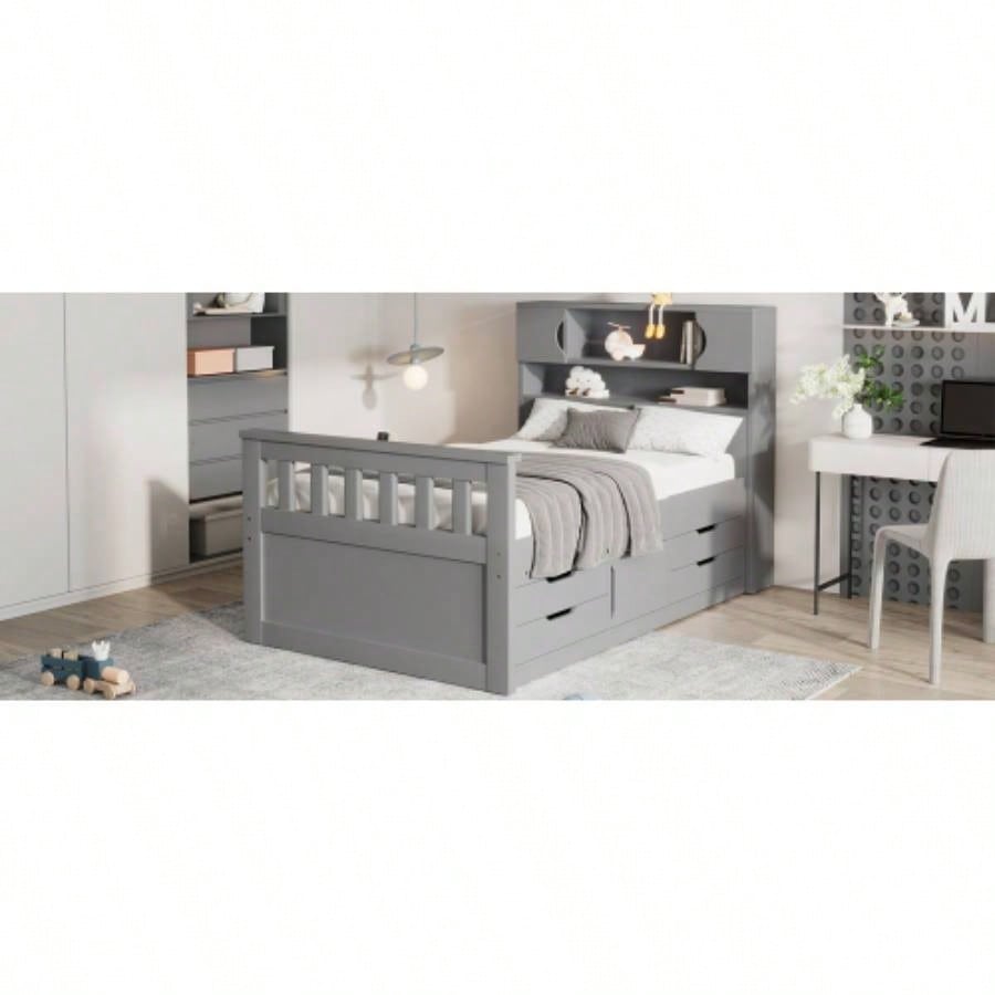 Twin Size Captain Platform Bed Frame with Storage Bookcases and Shelves, Four Drawers, Gray