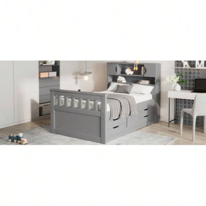 Twin Size Captain Platform Bed Frame with Storage Bookcases and Shelves, Four Drawers, Gray